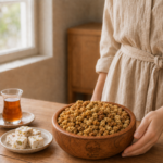 یک خانم در حال پذیرایی با توت خشک روستاژ