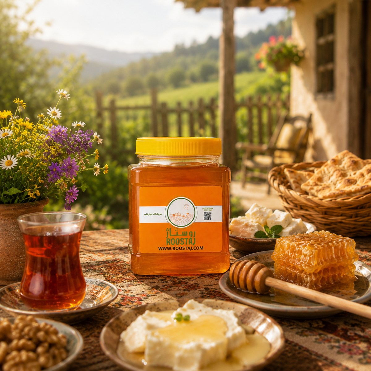 عسل طبیعی چهل گیاه روستاژ در فضای روستایی و طبیعت