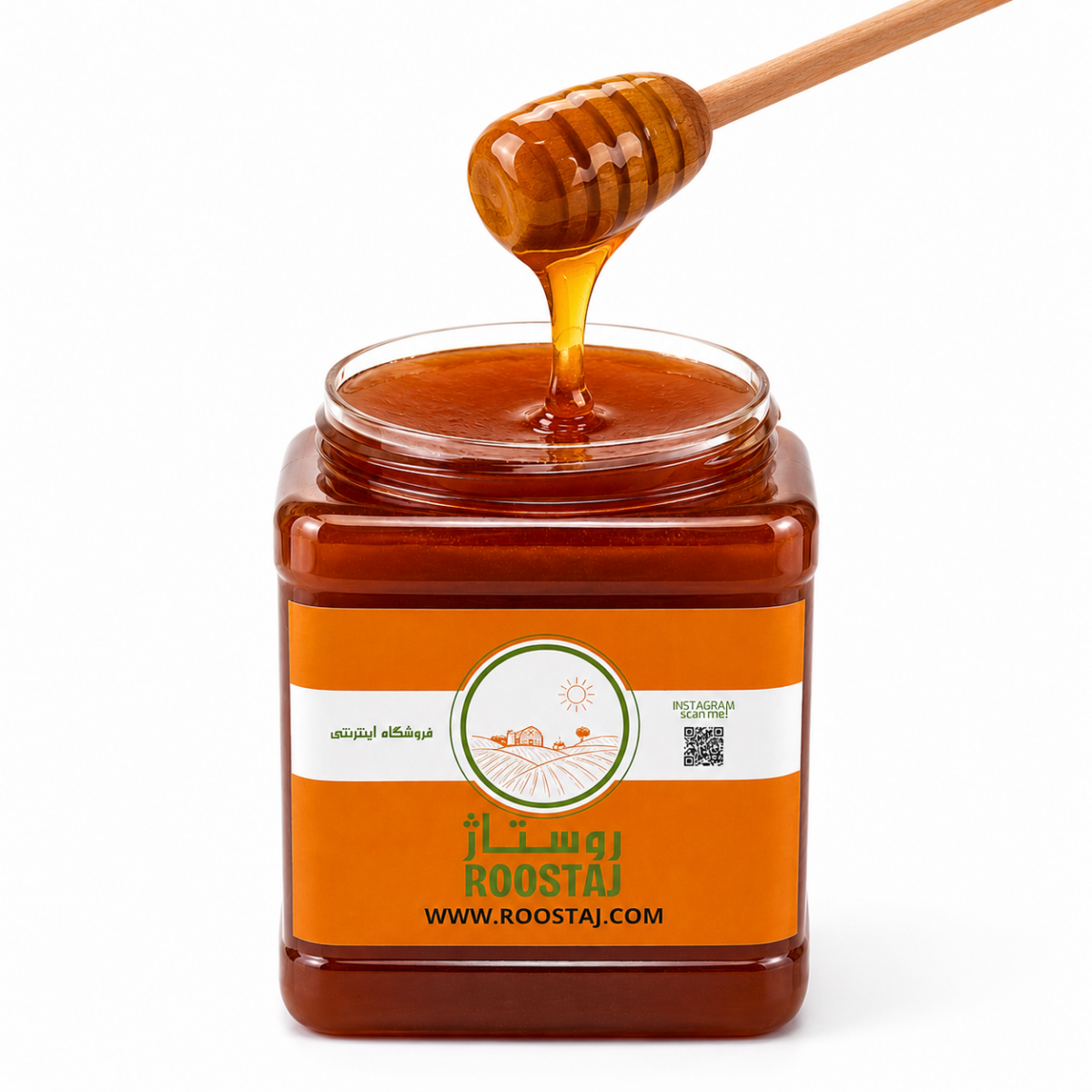 ریزش عسل آویشن طبیعی روستاژ از قاشق چوبی داخل جار