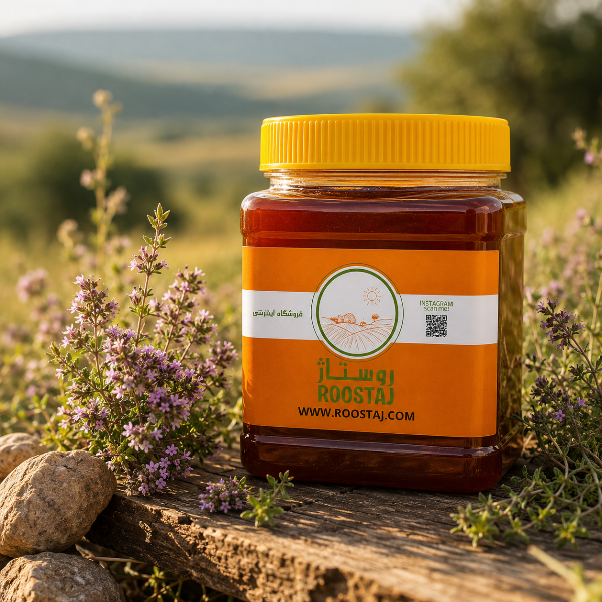 عسل آویشن طبیعی روستاژ روی میز چوبی در فضای روستایی کنار گل‌های آویشن