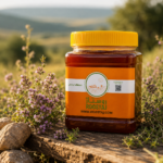 عسل آویشن طبیعی روستاژ روی میز چوبی در فضای روستایی کنار گلهای آویشن
