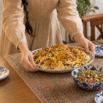 سرو زرشک‌پلو با مرغ روی میز ایرانی