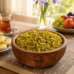 کشمش سبز روستاژ در کاسه چوبی روی میز پذیرایی ایرانی