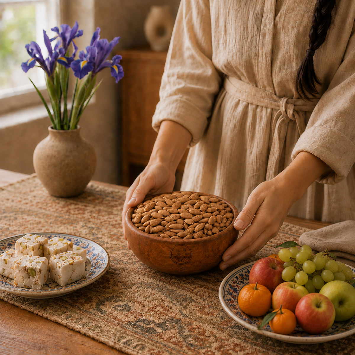 چیدن میز پذیرایی با مغز بادام خام روستاژ