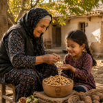 مادربزرگ ایرانی در حال شکستن گردوی روستاژ و دادن مغز گردو به نوه