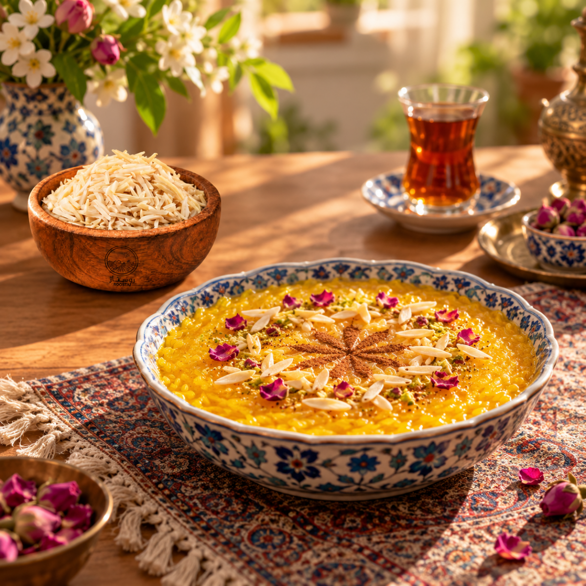 شله زرد با خلال بادام روستاژ در میز پذیرایی ایرانی