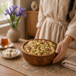 آجیل چهار مغز زعفرانی روستاژ کنار گلدان زنبق
