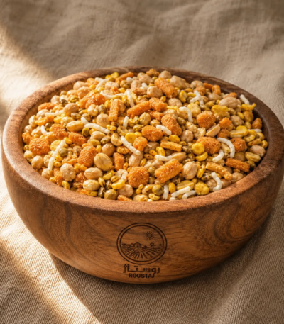 آجیل سلامت روستاژ در کاسه چوبی گردویی با ترکیبی از بادام زمینی، ذرت برشته، مغز تخمه، سویا و گندم برشته