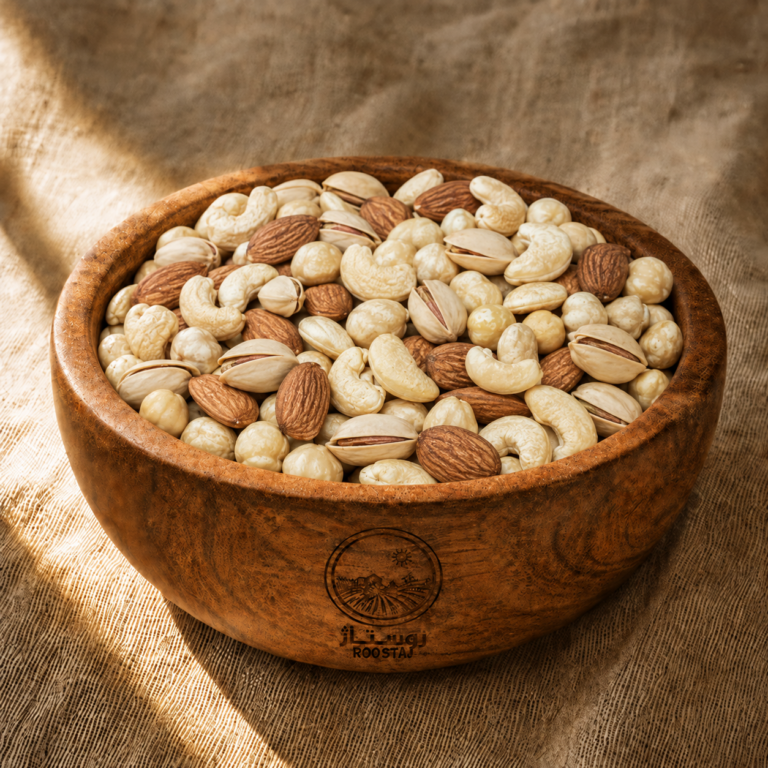 آجیل چهار مغز خام روستاژ در کاسه چوبی